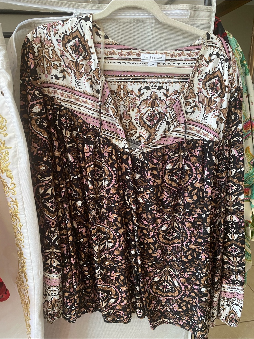 LA Threads Printed Boho Top in Cream, Brown & Pink